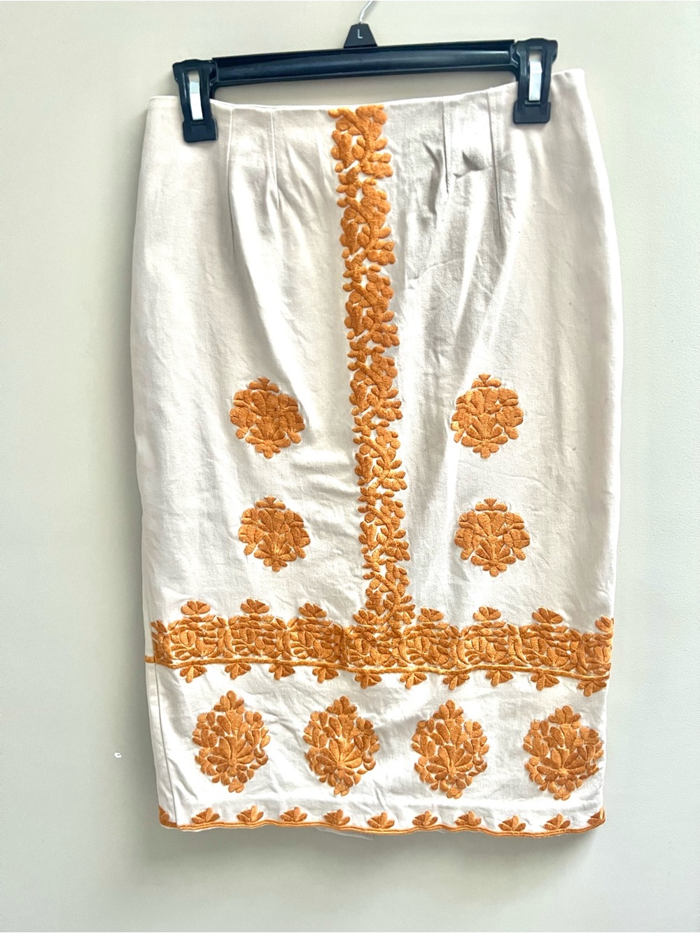 Anthropologie Cream Pencil Skirt with Orange Floral Embroidery